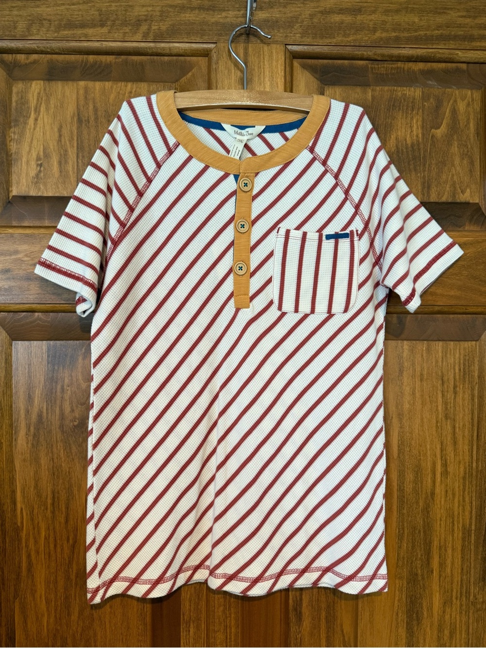 NWT Matilda Jane Boys Rust Colored Striped Knit Henley Tee with Mustard Trim